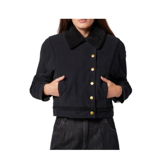Joie Women's Lazaro Cropped Sherpa Lined Winter Coat Jacket Black Sz L - Picture 1 of 12
